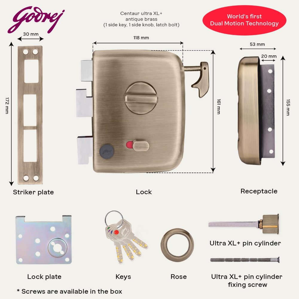 Godrej Centaur Rim Lock | Worlds 1st Dual Motion Lock | Ultra XL Plus Technology | 1CK Latch Lock for Main & Safety Door | Suitable for Single & Double Wooden Doors | Brass Finish | 5 Years Warranty